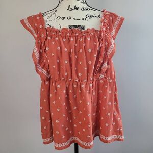 NWT Old Navy burnt orange peasant blouse tank ruffle sleeves embroidered cottage
